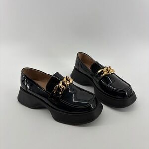 UniLady Womens 7.5 Black Patent Platform Loafers Gold Chain Chunky Lug Sole Edgy
